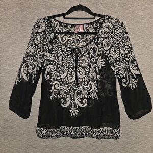 Dolled Up by FANG Sheer Tunic Women's Small Black White Scroll Pattern Top